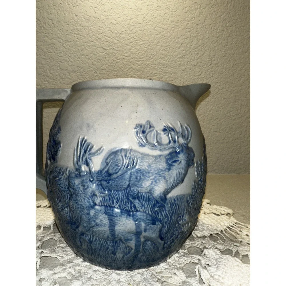 Antique Krenning Glass Co St Louis Blue Gray Stonewear Hunting Scene Pitcher